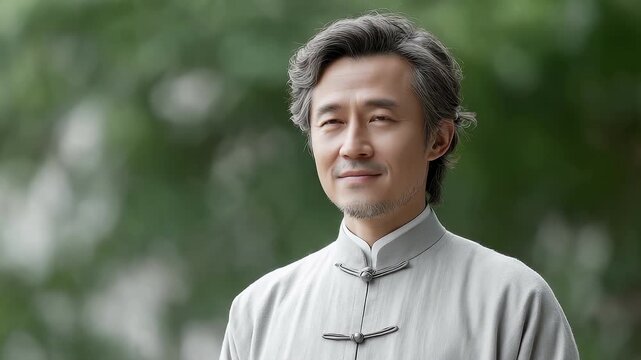 An Elderly Asian Man Smiling in Traditional Chinese Clothing