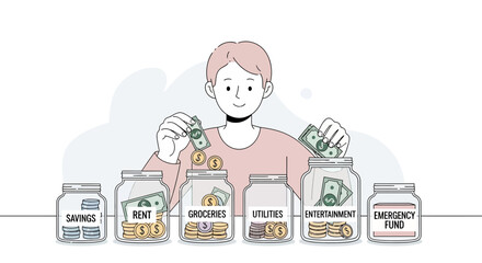 Smart money management and personal budgeting concept with an individual distributing cash into labeled jars for future planning