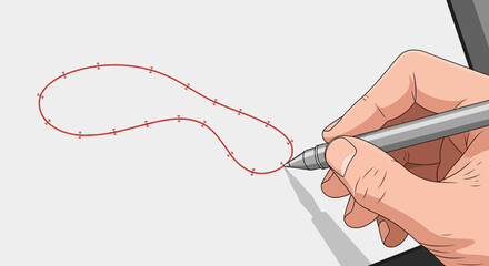 Artist's hand using a digital pen to create a vector graphic shape with bezier curves on a tablet