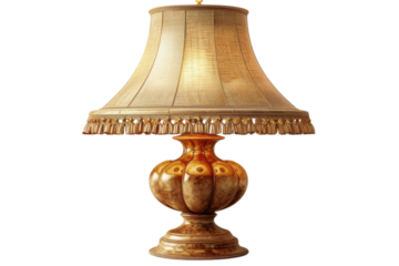 Elegant table lamp with a decorative shade and wooden base for ambient lighting design on transparent background