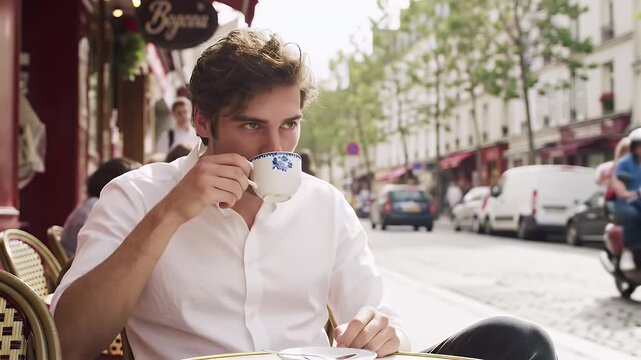 Man drinks coffee at Parisian cafe.