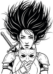 Mysterious warrior woman holding a mask, black and white outline portrait of a fantasy heroine with a sword and armor, representing hidden identity and power.