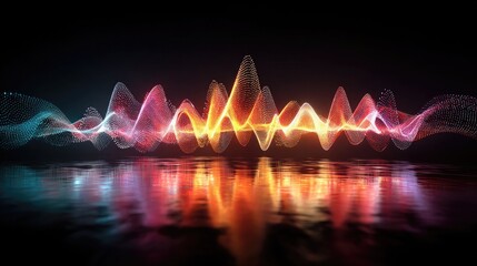 Dynamic audio visualization with vibrant glowing sound waves reflecting on rippling water, perfect for technology, music, or innovation concepts, stunning abstract design
