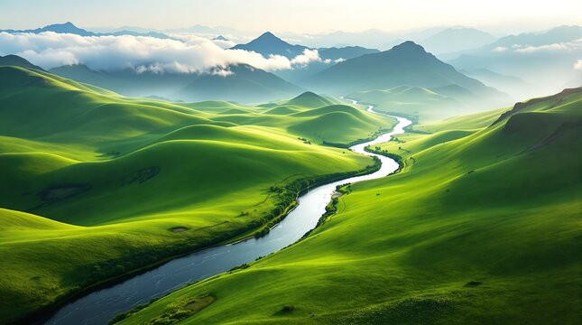 Aerial view of green hills landscape with river and mountains nature scenic background wallpaper image stock