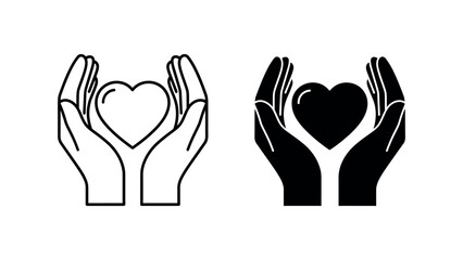 Hands Holding Heart Icons Line and Silhouette Keywords: hands, heart, love, care, support
