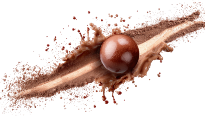 Chocolate sphere in motion, splattering cocoa powder with dynamic motion