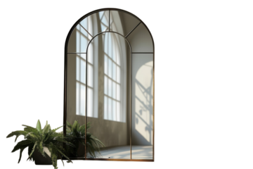 Arched mirror reflects light and a plant in a bright room creating a modern and minimalist aesthetic on transparent background