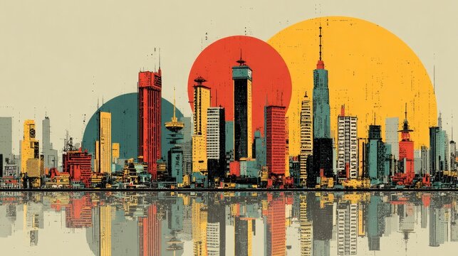 Vibrant cityscape reflecting in calm waters, a modern abstract skyline with retro colors and geometric shapes evoking a sense of urban energy and architectural design, perfect for creative projects