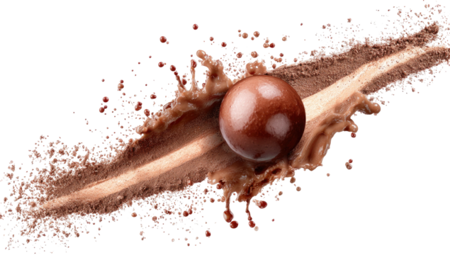 Chocolate sphere in motion, splattering cocoa powder with dynamic motion