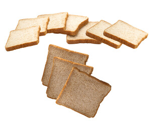 several slices of whole grain bread levitating and stacked, showcasing the healthy texture and brown crust isolated on a transparent background.