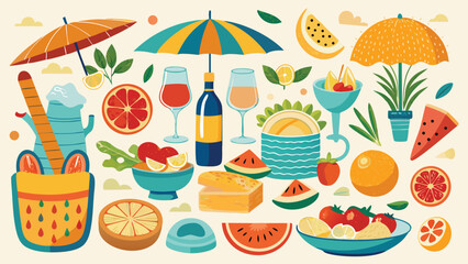A bright and colorful illustration depicting a variety of food items alongside other decorative objects..eps