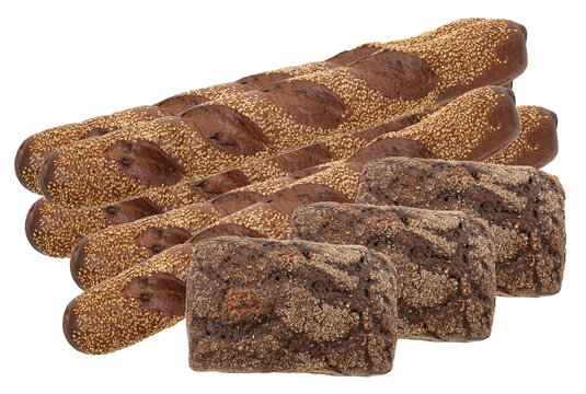 assortment of dark rye sesame seed baguettes and rectangular dense whole grain rye bread loaves stacked and isolated on transparent background photograph. - Powered by Adobe