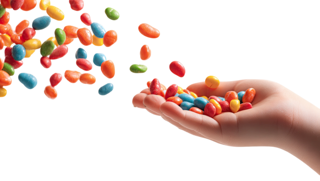 A close-up of a hand holding a cascade of colorful, candy-coated treats, isolated
