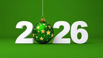 Festive “2026” digits hanging like ornaments with star-decorated sphere on green background.