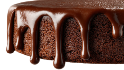 Close-up of a round, chocolate frosted cake with thick, glossy, dripping icing