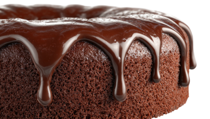 Decadent chocolate cake, close up, showing rich, glossy glaze dripping down the sides