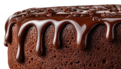 Close-up of a moist chocolate cake with glossy, dripping frosting, and sprinkled dark crumbs