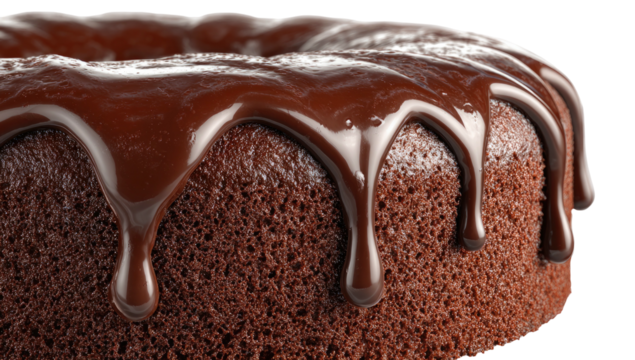 Decadent chocolate cake, close up, showing rich, glossy glaze dripping down the sides