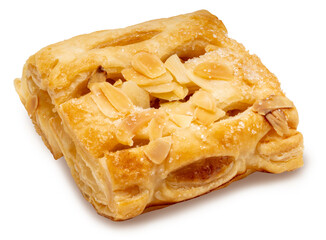 Almond pastry Isolate on white background with clipping path. Flaky golden puff pastry topped with sliced almonds and sugar crystals, delicious sweet bakery dessert.