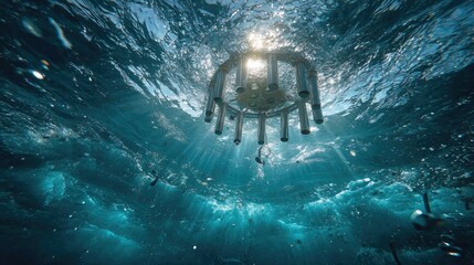 Explore the mysteries of the deep with a vibrant underwater scene featuring sunbeams dancing through clear turquoise waters and metallic scientific equipment for ocean research and exploration