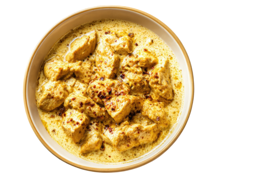 Overhead shot of chicken curry in a beige bowl, speckled with red flakes, over a black background