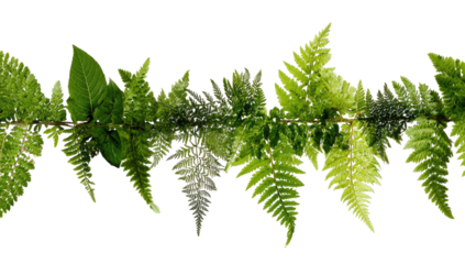 A vibrant, detailed image of a fern stem with many lush green, overlapping leaves against a dark background