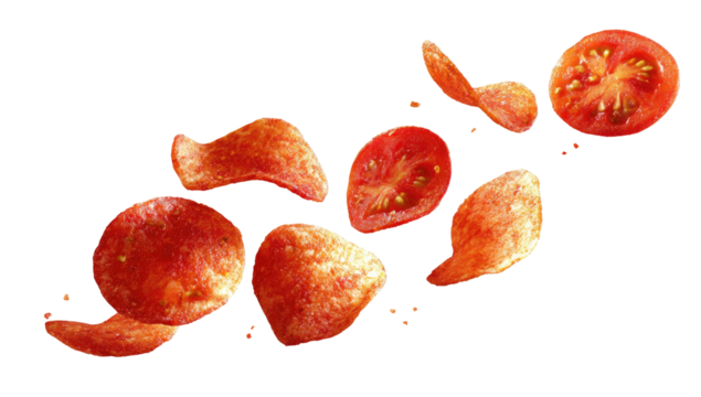 Isolated flying tomato chips with sliced tomatoes on black background
