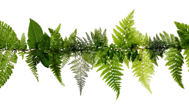 A vibrant, detailed image of a fern stem with many lush green, overlapping leaves against a dark background