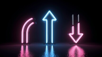 Three stylized neon arrows in a dark futuristic setting