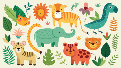 Various animals presented in a spectrum of colors, emphasizing their distinct traits and lively nature..eps