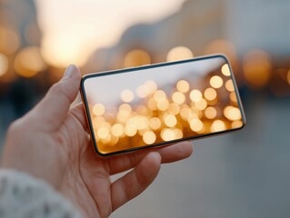 A person holding a smart phone with a cityscape in the background