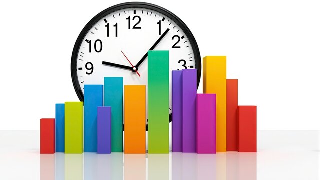 A creative concept of time and data, a large analog clock with black numbers and hands is overlaid on colorful 3D bar graphs.