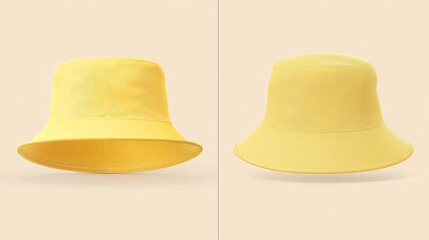 Fototapeta premium Two Yellow Bucket Hats Showing Front and Back on Neutral Background
