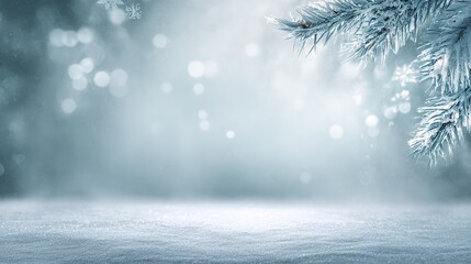 A snowy background with falling snowflakes and pine branches, suitable for displaying winter scenes. Features include snow-covered landscapes and falling snowflakes.