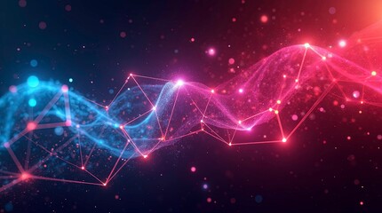 Digital artwork featuring interconnected neon polygons and triangle, floating and twisting in 3D space, surrounded by cosmic particles, digital dust, and glowing embers.