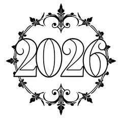 elegant floral wreath framing the year 2026 in a vintage style