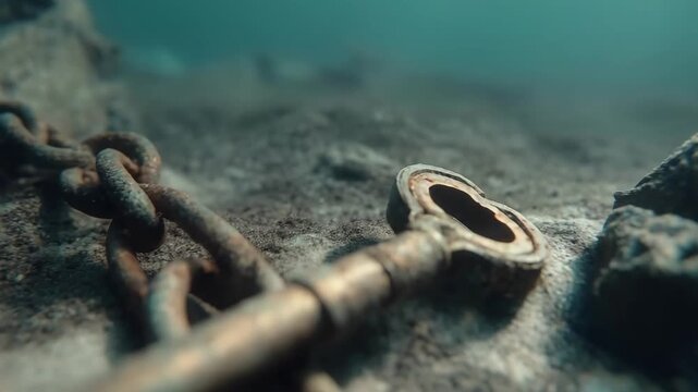 Rusty old key on the sea floor beside a rusted chain.