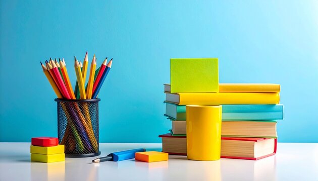 Organized school supplies with colored pencils, sharpeners, sticky notes, and stacked books on white surface - Powered by Adobe