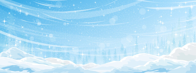 Sky blue,Winter landscape background and falling snow,sparkling stars,snowy mountains,forest pine trees in blue tone.Vector winter wonderland for holiday design,Christmas themes,seasonal greeting card