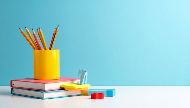 Organized school supplies with colored pencils, sharpeners, sticky notes, and stacked books on white surface