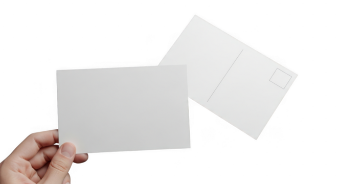 Blank white envelope and paper sheet held by hand, isolated on transparent background