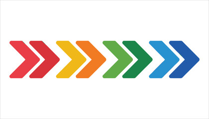 Horizontal row of six colorful chevron arrows pointing right on white background direction forward