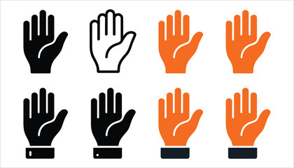 Obraz premium Set of eight hand icons in black orange and outline styles palm open