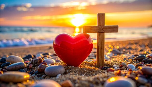 Wooden cross and red heart on sandy beach at sunset with gentle waves - Powered by Adobe