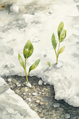 Green sprouts emerging from melting snow in early spring