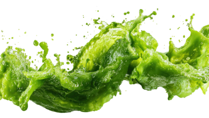 Dynamic, artistic splash of verdant liquid. Fluid motion, capturing a burst of green, with transparent background