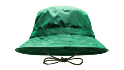 Green bucket hat with a brim, chinstrap, and subtle textures, set against a dark background