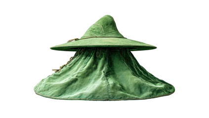 A whimsical green hat with a broad brim and a conical crown, against a stark black backdrop