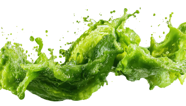 Dynamic, artistic splash of verdant liquid. Fluid motion, capturing a burst of green, with transparent background