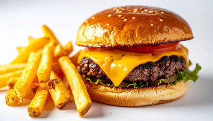 Juicy burger with melted cheese and crispy fries on white. Appetizing fast food. Tasty meal.
